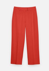 Pantalon droit rouge sur mesure avec passants de ceinture, deux poches avant et fermeture à double bouton à la taille.