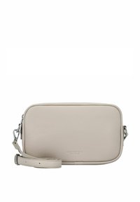 Helle beige Leder-Umhängetasche mit strukturierter Oberfläche, rechteckiger Form, Reißverschlussverschluss und verstellbarem Tragegurt. Logo auf der Vorderseite geprägt.