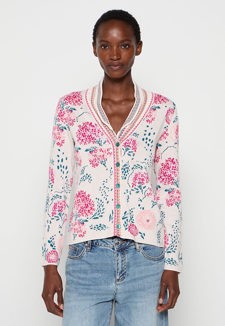 Bloemrijke cardigan van zachte stof, met roze en blauwe patronen, een V-hals en turkooizen knopen aan de voorkant. Lange mouwen, comfortabele pasvorm.