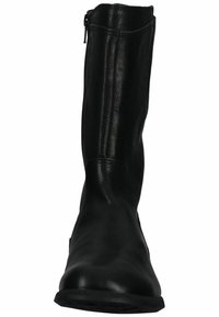 Black leather knee-high boot with a sleek design, featuring a zipper on the side and a smooth, polished texture. Flat sole and rounded toe.