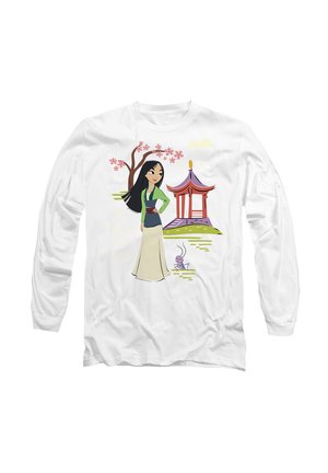 White long-sleeve shirt featuring a cartoon character with long black hair in a green jacket, a cream skirt, and a purple sash, with a pagoda and cherry blossoms.