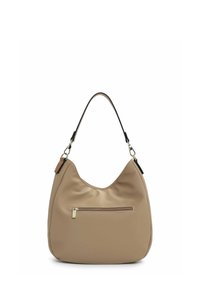 Borsa hobo in nylon beige con silhouette arrotondata, manico in pelle nera e tasca frontale con zip e dettagli in oro.