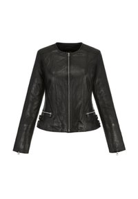 Czarna skórzana kurtka z okrągłym dekoltem, z przodu na zamek oraz dwiema kieszeniami na zamek. Posiada wyraźne szwy i dopasowany krój.