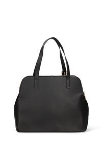 Borsa nera in pelle con finitura texturizzata, forma rotonda, doppi manici superiori e scomparto principale con cerniera. Dettagli in metallo color oro.