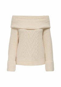 Sweter w kolorze kremowym, odsłaniający ramiona, z teksturą splotu w kabli, z ściągaczami u mankietów oraz szerokim dekoltem, wykonany z miękkiego, grubego materiału.