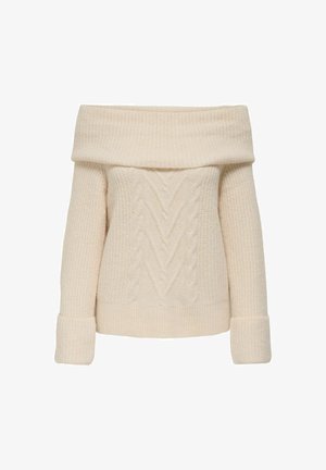 Off-the-shoulder cream sweater with textured cable knit patterns, ribbed cuffs, and a wide neckline, made of soft, thick material.