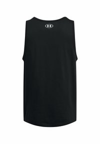 Czarny bezrękawnik sportowy z zaokrąglonym dekoltem, gładką fakturą i białym logo umieszczonym centralnie na plecach.