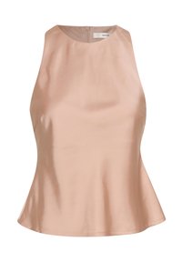 Ljusrosa satin ärmlös topp med hög krage och utsvängd nederkant, med en diskret dragkedja bak. Slät textur med en subtil lyster.