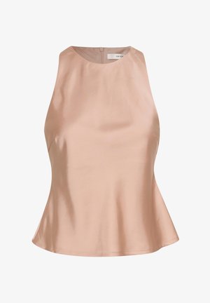 Light pink satin sleeveless top with a high neck and flared hemline, featuring a discreet back zipper. Smooth texture with a subtle sheen.