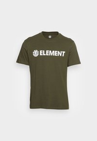 Olivově zelené bavlněné tričko s kulatým výstřihem, krátkými rukávy a velkým bílým potiskem "ELEMENT" na přední straně, obsahující kruhový design loga.