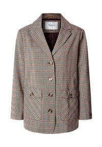 Blazer de cuadros en tonos marrón y crema, con un cuello con muesca, tres botones, dos bolsillos frontales y un forro marrón. Tela texturizada.