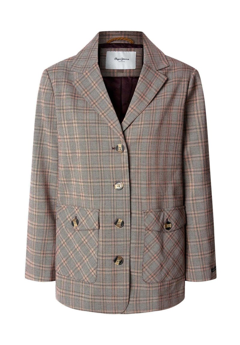 Blazer a quadri in tonalità marrone e crema, con colletto a punte, tre bottoni, due tasche frontali e foderato in marrone. Tessuto strutturato.