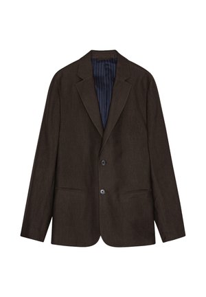 Dunkelbrauner, maßgeschneiderter Blazer mit zwei Knöpfen, kerbgedrehten Revers und zwei Vorder Taschen sowie sichtbarem blau gestreiftem Innenfutter.