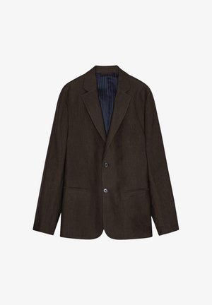 Dark brown tailored blazer with two buttons, notch lapels, and two front pockets, showing blue striped inner lining.