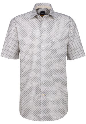 Kurzärmliges Button-Down-Hemd aus leichtem Stoff. Mit einem geometrischen Muster in Blau und Weiß, Kentkragen und einer Brusttasche.