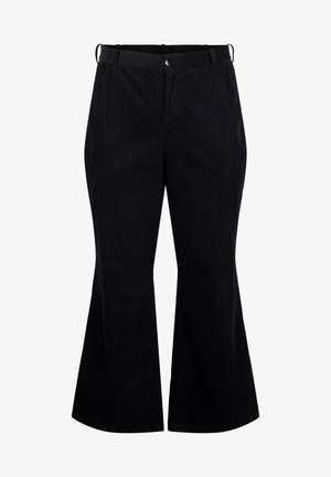 Sorte fløjl flare-bukser med en glat tekstur, der har sidelommer, knaplukning og ribbet stofmønster.