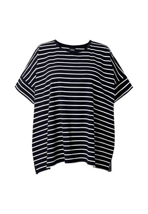 Zwart losvallend T-shirt met korte mouwen met horizontale witte strepen over het lichaam en de mouwen, ronde hals.