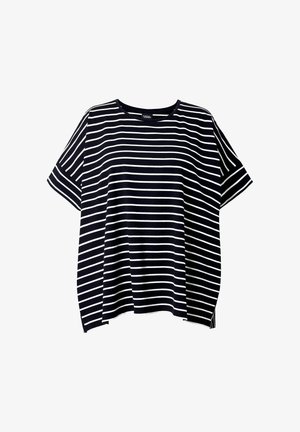 Schwarzes locker sitzendes T-Shirt mit kurzen Ärmeln mit horizontalen weißen Streifen auf Körper und Ärmeln, rundem Ausschnitt.