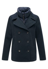 Marinblå dubbelknäppt sjömansrock med bred krage, ull yttertyg och vadderad innerfoder. Har stora svarta knappar och sidofickor.