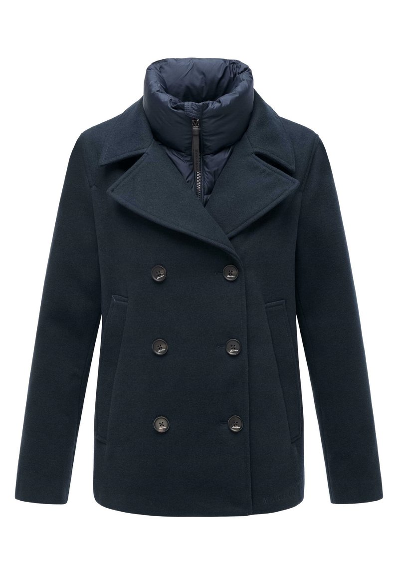Marinblå dubbelknäppt sjömansrock med bred krage, ull yttertyg och vadderad innerfoder. Har stora svarta knappar och sidofickor.