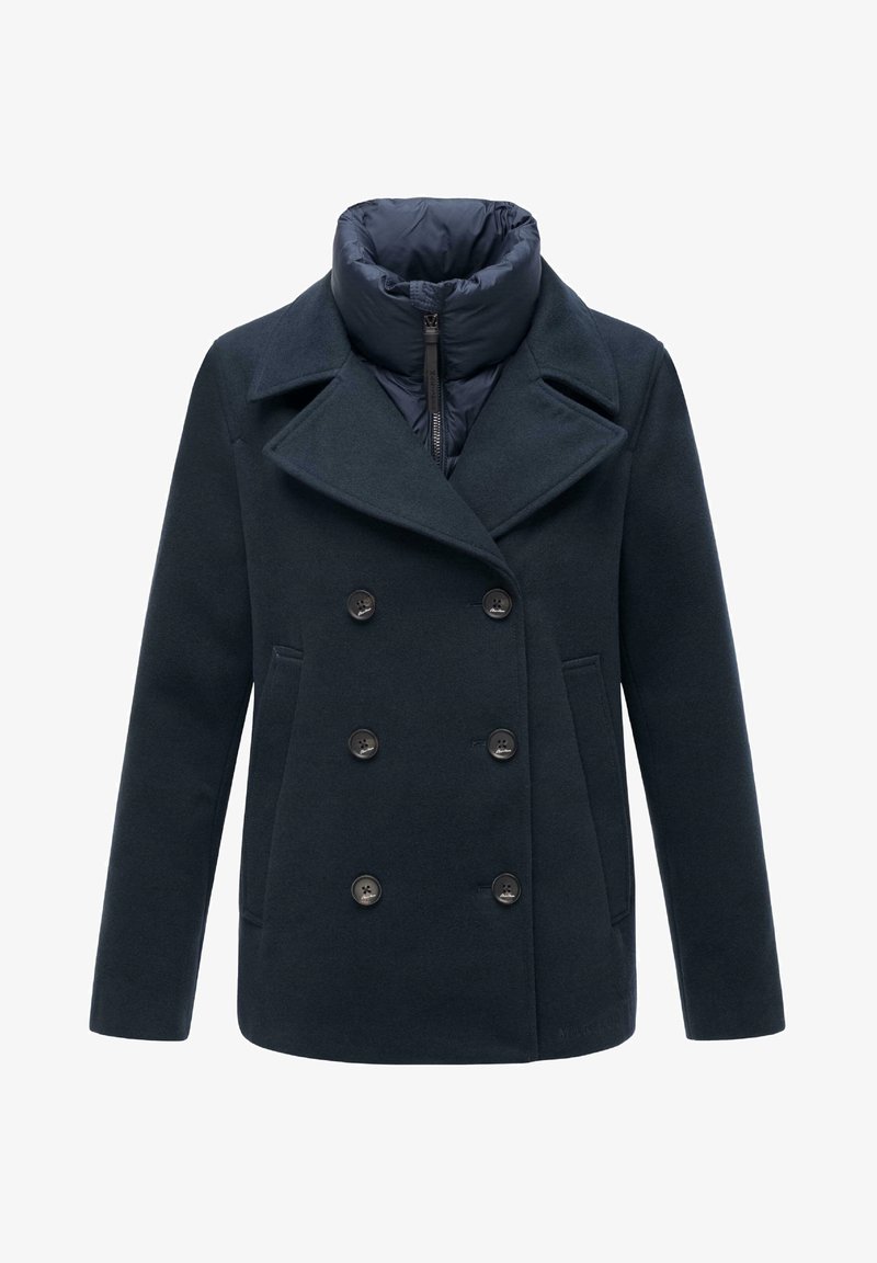 Marinblå dubbelknäppt sjömansrock med bred krage, ull yttertyg och vadderad innerfoder. Har stora svarta knappar och sidofickor.