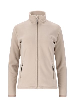 Beige Fleecejacke mit durchgehendem Reißverschluss, Stehkragen und seitlichen Reißverschlusstaschen, gestaltet für einen taillierten, lässigen Stil.