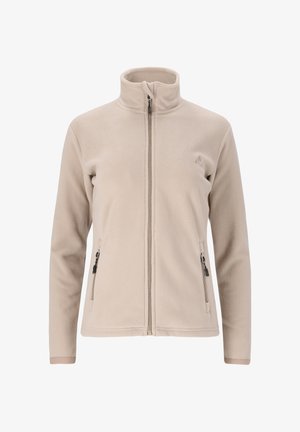 Beige fleece jakke med fuld lynlås, stående krave og lynlåsede sidelommer, designet til en tætsiddende, afslappet stil.
