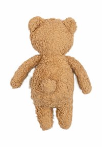 Beige pluche teddybeer met een textuurlijke, krullende stof. Heeft afgeronde oren, een klein staartje en korte ledematen. Geen zichtbare markeringen of accessoires.