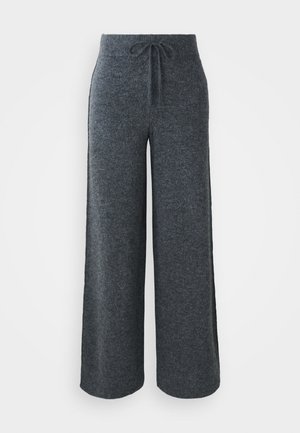 Dark gray wide-leg knit pants with an elastic waistband and front tie, displayed against a white background.
