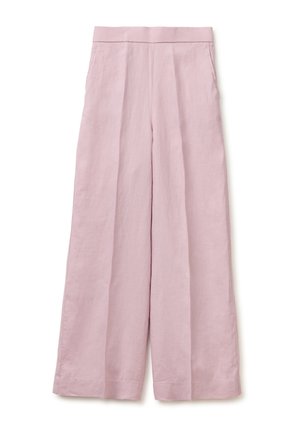 Hellrosa weite Hose mit hoher Taille, vorderen Abnähern und Seitentaschen, flach auf weißem Hintergrund präsentiert.