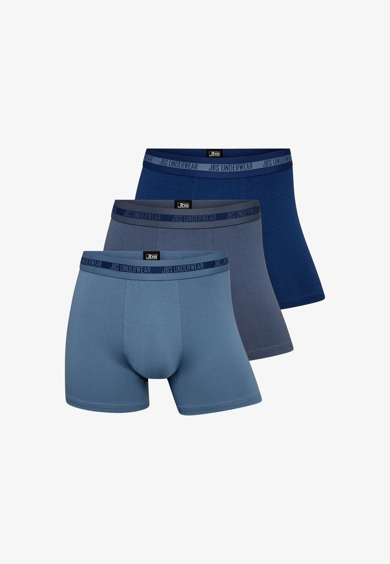 Miehet boxer shorts -sarja sinisen ja harmaan sävyissä, valmistettu sileästä kankaasta, jossa on joustavat vyötäröt ja logoyksityiskohtia.