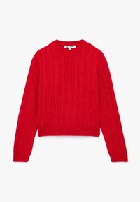 Czerwony sweter robiony na drutach z fakturowanym wzorem w warkocze, ściągaczami na mankietach i dolnym wykończeniu. Klasyczny okrągły dekolt, miękki materiał i luźny krój.