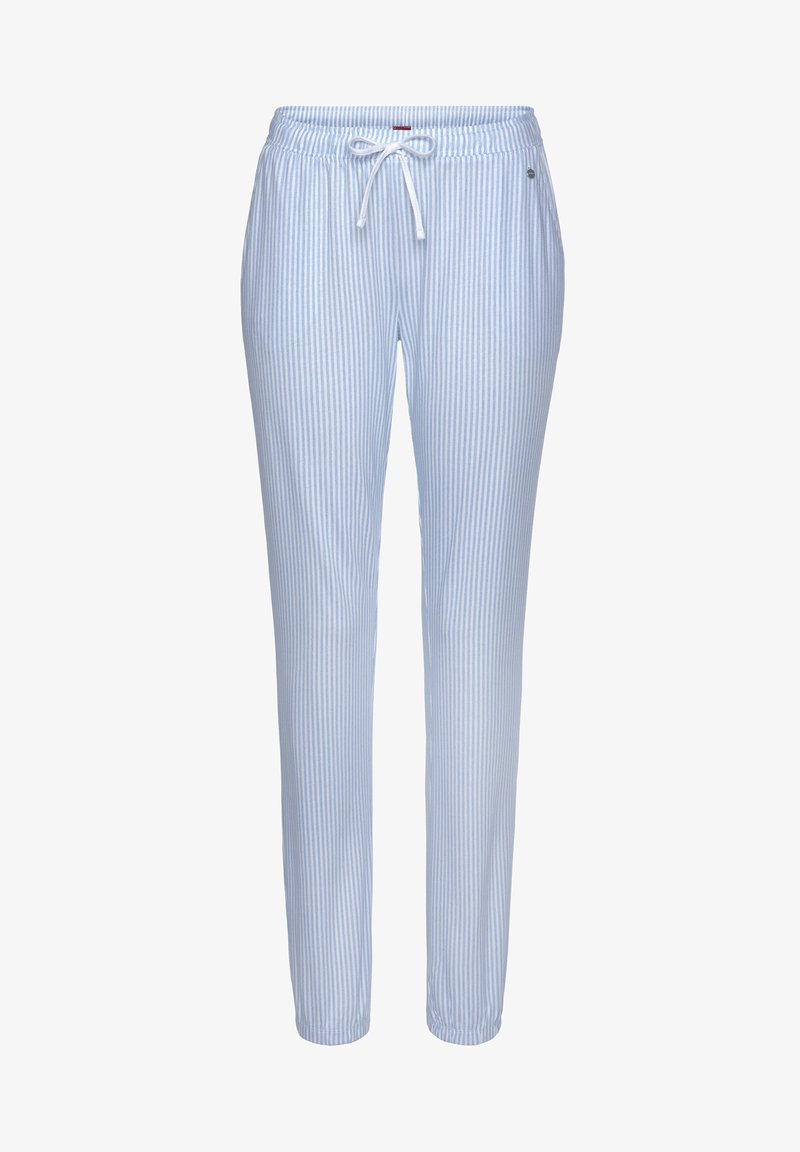 Pantalons de pyjama rayés bleu et blanc avec une taille élastique, un cordon de serrage et des jambes fuselées, fabriqués à partir d'un tissu doux et léger.