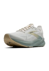 Basket de course Brooks légères beige et bleues avec un dessus en mesh, un laçage et une semelle rembourrée, présentées sous un angle avant.