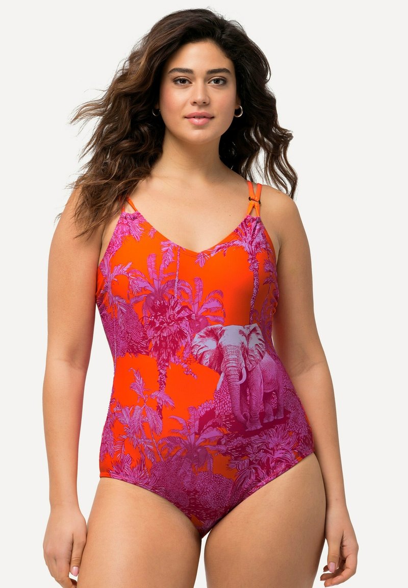 Maillot de bain une pièce en orange vif avec un imprimé tropical et éléphant violet, présentant un décolleté en V et des bretelles réglables.