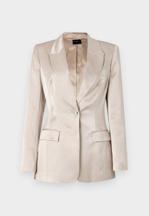 Beige satin blazer med en strukturt design, med klaffeslag, enkel knappelukking og to frontlommer, med en glatt, glansfull tekstur.