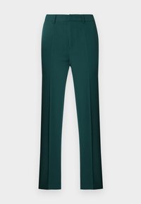 Pantalon vert foncé, fabriqué en tissu lisse. Caractéristiques : coupe ajustée, devant plat et jambes droites avec un ourlet net. Sans motifs ni accents visibles.