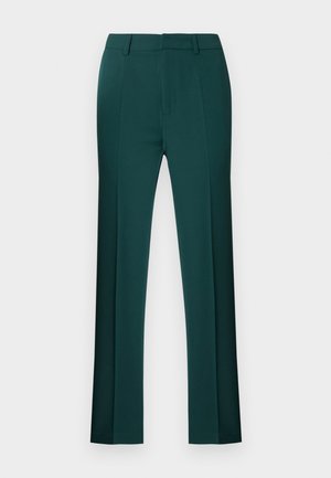 Pantalon vert foncé, fabriqué en tissu lisse. Caractéristiques : coupe ajustée, devant plat et jambes droites avec un ourlet net. Sans motifs ni accents visibles.