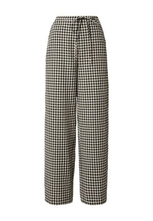 Zwart-wit geruite wijde broek met een elastische tailleband en een voorstrikdetail.