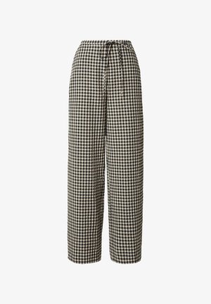 Zwart-wit geruite wijde broek met een elastische tailleband en een voorstrikdetail.