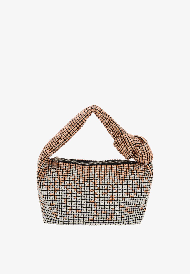 Kabelka so tkaným dizajnom s kovovými korálkami v strieborných a broskyňových odtieňoch, s privraceným popruhom a horným uzáverom na zips.