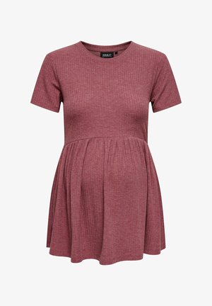 Korte mouw zwangerschapsjurk van bordeauxrood ribfluweel, met een afgeronde halslijn en een geraffineerde taille met een uitlopende zoom.