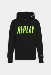 Sudadera negra con logo verde "REPLAY". Cuenta con cordones ajustables, puños de canalé y un pequeño parche de logo en la manga. Textura de tela suave.