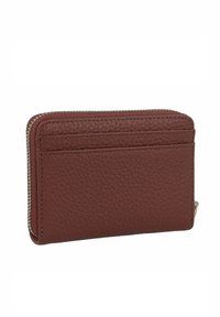 Brown leather wallet with a textured finish, featuring a zipper closure and multiple card slots on one side. Compact rectangular shape.