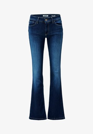 Jeans bootcut blu scuro con leggero sbiadimento su cosce e ginocchia, design a cinque tasche e chiusura con bottone in vita.