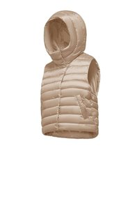 Gilet imbottito senza maniche beige con colletto alto e cappuccio, dotato di sezioni trapuntate orizzontali e una tasca laterale. Texture liscia e lucida.