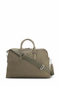 Olive green leather bag with a structured design, dual top handles, and a detachable shoulder strap. Features silver-tone hardware and zipper closure.