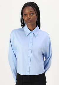 Camicia button-up azzurro chiaro con maniche lunghe, colletto a punta e orlo corto. Realizzata in tessuto morbido con una leggera lucentezza.