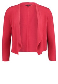 Rode gebreide cardigan met een open voorkant, lange mouwen en een ontspannen pasvorm. Ribbeltextuur, geen sluitingen en een rechte zoom aan de achterkant.