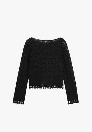 Black crochet long-sleeve top with a wide neckline and scalloped hem. The pattern features openwork designs with a textured finish.